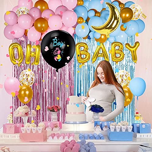 114PCS Gender Reveal Party Decoraciones de Bebé Revelación de Género para Niña Niñod con Rosa Azul Globo Guirnalda Confeti Cortina 36‘’ Boy or Girl Globo para Baby Shower Fiesta de Cumpleaños