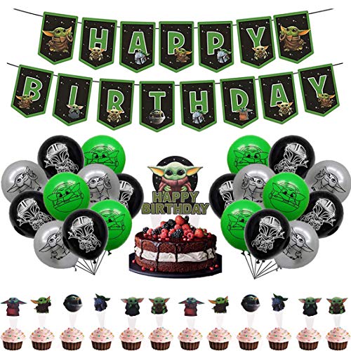 32 Piezas Yoda Decoración Cumpleaños - Miotlsy Suministros Fiesta Star Wars, Suministros para Fiesta cumpleaños Baby Yoda, Decoración Cumpleaños Star Wars Globos para Decoración Baby Shower