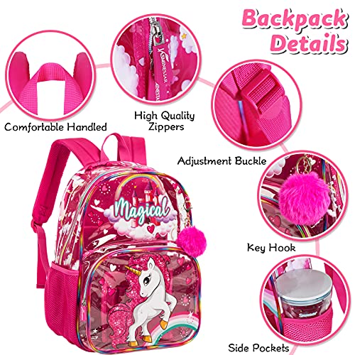 3PCS Mochila para niños con lonchera Caja de lápices Mochila Escolar Impermeable Transparente para niñas Unicornio Rosa