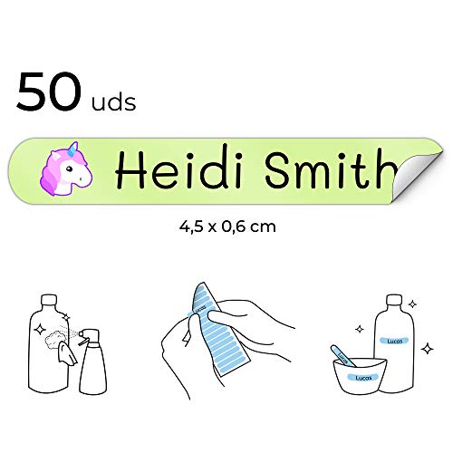 50 Etiquetas Adhesivas Personalizadas para lápices, bolis y rotuladores. Pegatinas escolares con nombre para marcar objetos. Adhesivos resistentes al agua para colegio y guardería Medida 4,6 x 0,6 cm
