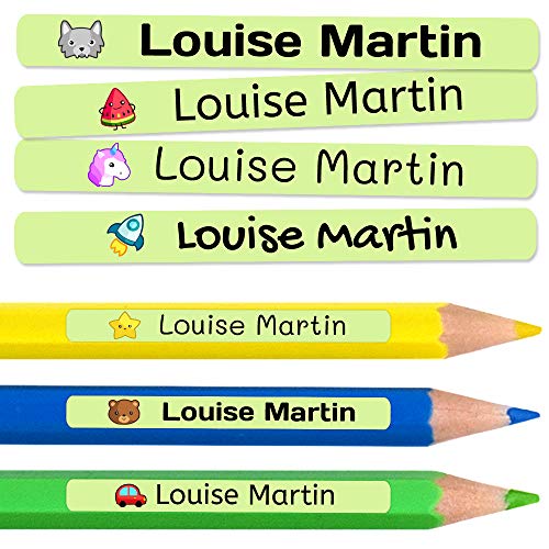 50 Etiquetas Adhesivas Personalizadas para lápices, bolis y rotuladores. Pegatinas escolares con nombre para marcar objetos. Adhesivos resistentes al agua para colegio y guardería Medida 4,6 x 0,6 cm