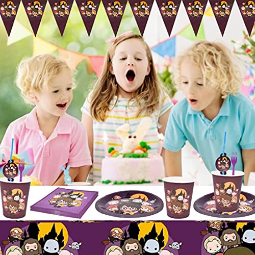 Accesorio de Decoración de Fiesta de Cumpleaño HANEL-62pcs Harry Potter Vajilla Contiene Platos Tazas Manteles Servilletas Tenedores banderín para Niños Niñas Decoración de Fiesta