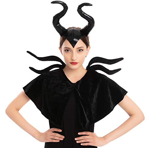 Accesorios Set Disfraz de Maléfica Reina Mala, Diadema de Cuernos Maléficos y Chal Disfraz Gótico para Halloween Cosplay