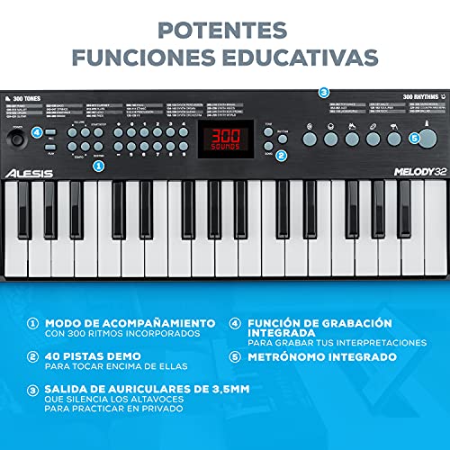 Alesis Melody 32 – Piano eléctrico, mini piano digital portátil de 32 teclas con altavoces integrados, 300 sonidos incorporados, 40 demos, conectividad USB-MIDI
