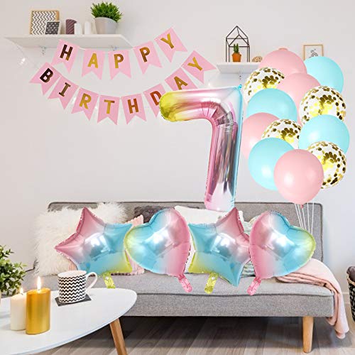 Amycute 7er Cumpleaños Globos, Feliz cumpleaños Decoración Globos 7 Años en Rosado, Número 7 Globos Digitales Gigante del papel de aluminio, Globos de Confeti de Latex para Fiestas Niñas