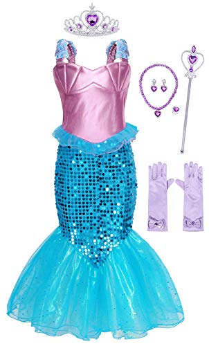 AmzBarley Sirena Vestido Niña Sirenita Princesa Disfraz Ropa Niña Cumpleaños Accesorios Boda Fiesta Bautizo Cosplay Halloween Carnaval Navidad 3-4 Años