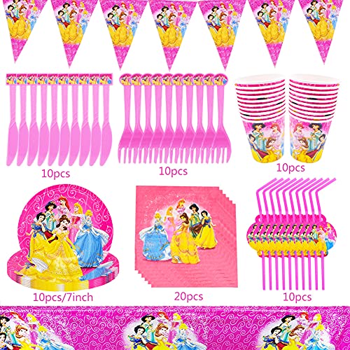 Babioms Vajilla de fiesta de cumpleaños,72 piezas Princess Vajilla de Fiesta,Vajilla Fiesta Infantil, Platos de fiesta temáticos de princesa, servilletas, manteles, vasos de papel, paja,pancartas
