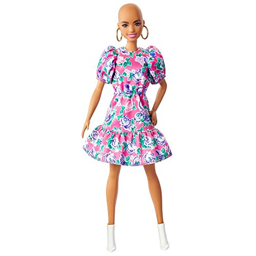Barbie Fashionista Muñeca alopécica con Vestido de Flores y Mangas abombadas y Accesorios de Moda de Juguete (Mattel GYB03)