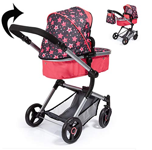 Bayer Design-18405AA Cochecito de muñecas Neo Vario con Bolso Cambiador, Convertible, Plegable, Color Rojo, Negro con Estrellas y Corazones (18405AA)