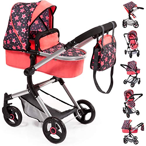 Bayer Design-18405AA Cochecito de muñecas Neo Vario con Bolso Cambiador, Convertible, Plegable, Color Rojo, Negro con Estrellas y Corazones (18405AA)