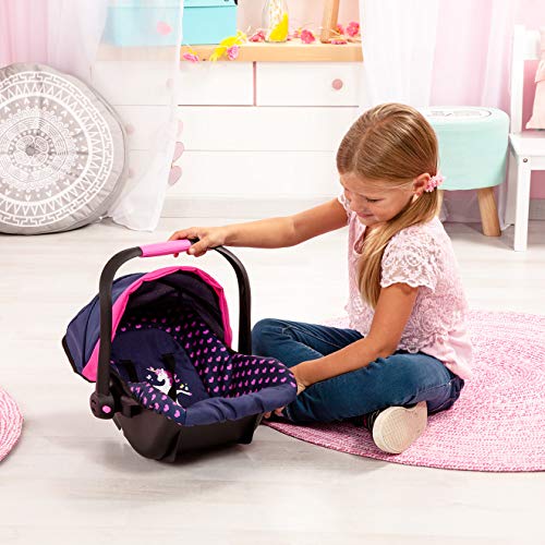 Bayer Design- Cochecito, Chasis de Carrito para muñecos City Cruiser con Silla de Coche, Bolso Cambiador, Convertible, Plegable, Ajustable en Altura, Color Azul con Unicornio y Corazones (18254AA)