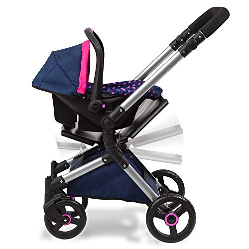 Bayer Design- Cochecito, Chasis de Carrito para muñecos City Cruiser con Silla de Coche, Bolso Cambiador, Convertible, Plegable, Ajustable en Altura, Color Azul con Unicornio y Corazones (18254AA)