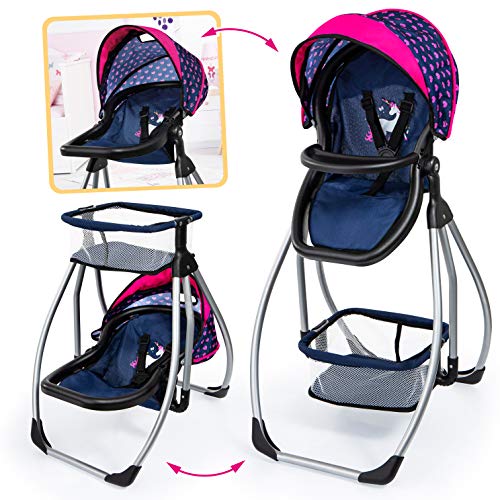 Bayer Design convertible en cuna (63554AA) Trona Trio, 3 en 1, Silla Alta, Asiento, Columpio, Accesorios para muñecos, color azul, rosa con corazones, unicornio