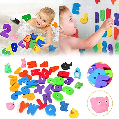 BBLIKE Juguetes para el Baño- Letras y Números, 2 Piezas Red de Baño Almacenamiento Bolsa de Juguete con 36 Piezas de Letras y números+ 6 Piezas Ganchos Adhesivos+ 8 Juguete de Sonido