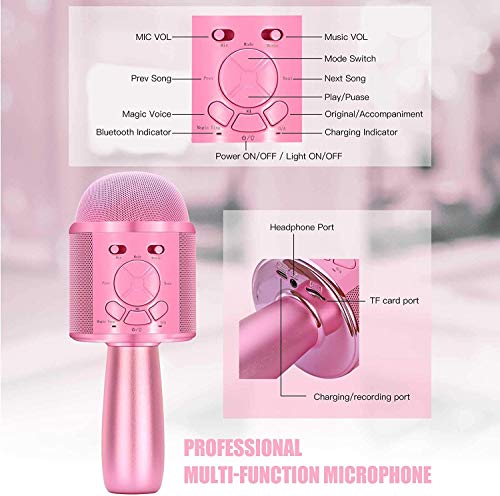 BONAOK Magic Sound - Micrófono para karaoke para niños, micrófono con efecto eco, micrófono de karaoke con cancelador de voz, compatible con dispositivos Bluetooth iOS y Android, color rosa