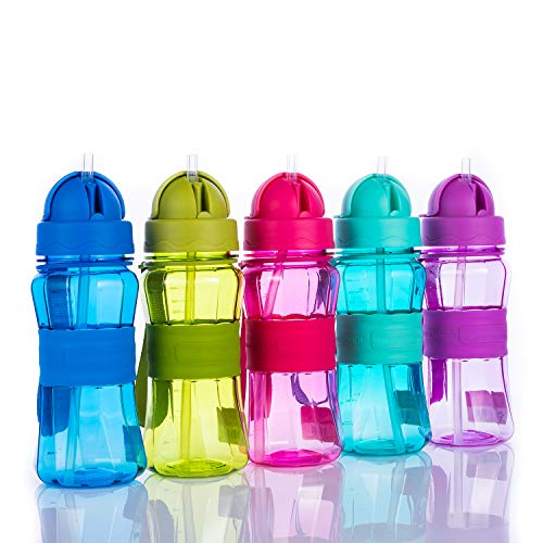 Botella de Agua Niños y Niñas 300 ml Sin BPA Botella de Agua Deporte con Pajita y Correa para Infantil, Escuela, Corrida, Senderismo y Actividades al Aire (Verde)