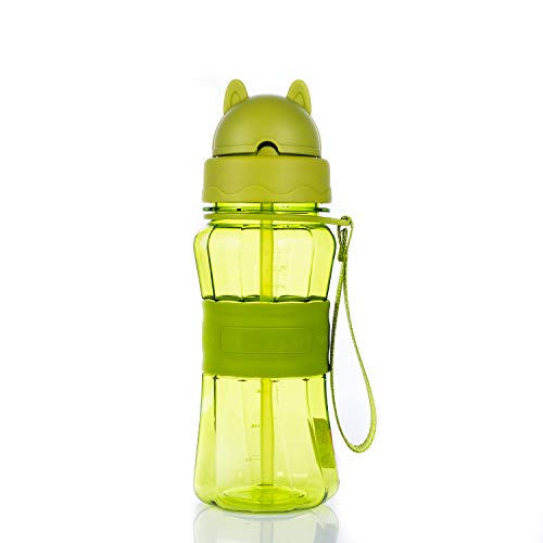 Botella de Agua Niños y Niñas 300 ml Sin BPA Botella de Agua Deporte con Pajita y Correa para Infantil, Escuela, Corrida, Senderismo y Actividades al Aire (Verde)