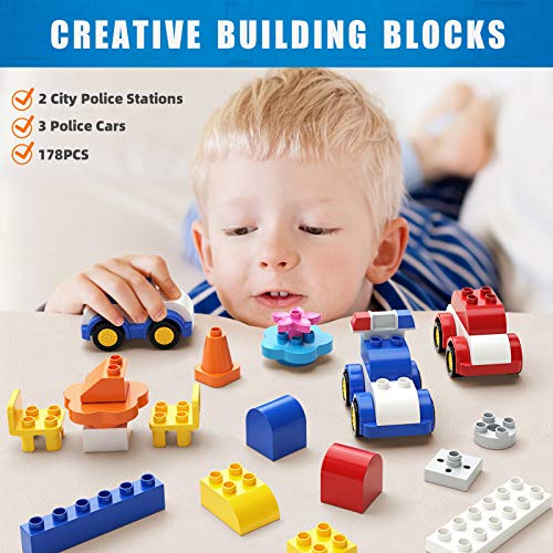 burgkidz Bloques de Construcción de Estación de Policía de Ciudad con 3 Coches de Policía, 178 Piezas de Ladrillos de Construcción Grandes, Kit de Centro de Comando de Policía para Niños