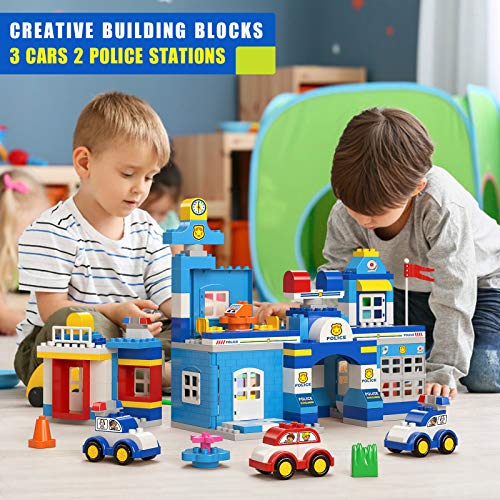 burgkidz Bloques de Construcción de Estación de Policía de Ciudad con 3 Coches de Policía, 178 Piezas de Ladrillos de Construcción Grandes, Kit de Centro de Comando de Policía para Niños
