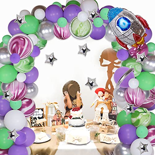Buzz Cumpleaños Lightyear Party Decorations Purple Green Globo Garland Arch Kit con rocket Foil Globo Lightyear Fuentes de fiesta para el 1º 2º 3º 4º 5º 6º Fiesta de cumpleaños de juguete