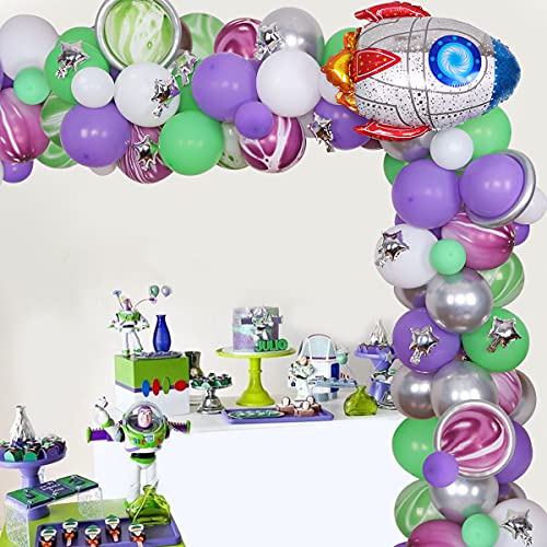 Buzz Cumpleaños Lightyear Party Decorations Purple Green Globo Garland Arch Kit con rocket Foil Globo Lightyear Fuentes de fiesta para el 1º 2º 3º 4º 5º 6º Fiesta de cumpleaños de juguete
