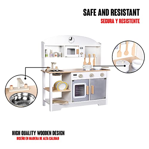 Calma Dragon Cocina de Madera BL-19203, Grande, Cocinita de Juguete Infantíl, con Microondas, Fregadero, Horno y 13 Accesorios.