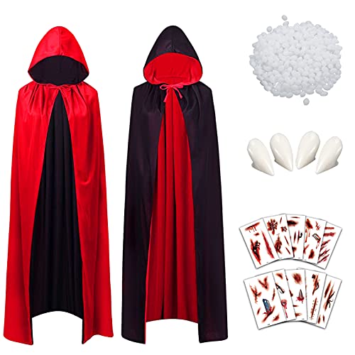 Capa de Vampiro, Vampiro Capucha Capa, Capa Reversible Negro Rojo, Capa Dracula con Tatuaje de Impresión de Sangre y Dientes de Vampiro para Adultos Fiesta de Halloween Cosplay, 170cm