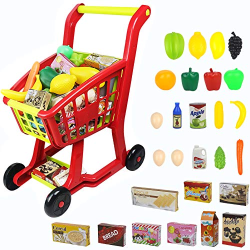 Carrito Compra Supermercado de Juguetes -Carro de la Compra con Comida Frutas y Verduras Cocinas de Juguete Accesorios Juego de rol Juguetes Educativos Niños Niñas 3 4 5 6 Años(27 Piezas)