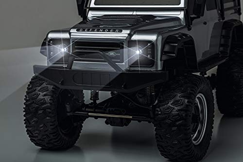 Carson Land Rover Defender 500404172 - Coche teledirigido (Escala 1:8, Incluye Pilas y Control Remoto, Velocidad km/h, Tiempo de conducción: 20 min), Color Plateado