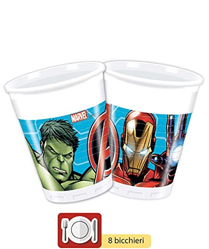Ciao- Kit Mesa Fiesta Party Marvel Avengers Mighty para 8 personas (44 piezas: 8 platos de papel Ø23cm, 8 platos de papel Ø20cm, 8 vasos de plastico 200ml, 20 servilletas de papel 33x33cm), Y4951