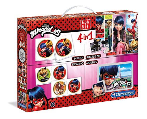 Clementoni - 18036 – Edukit 4 en 1 – Miraculous – Juego de Juegos (memo, Domino, Cubo, puzle 30 Piezas) – Juego Educativo de 3 años, Juego de Memoria, Puzzle para niños – Fabricado en Italia