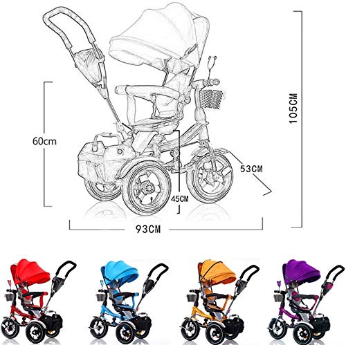 Cochecito de 4 en-1 triciclo de carreras de triciclos para niños con un asiento giratorio de 360 ​​° y arnés de seguridad para niños por 6 meses - 5 años de edad púrpura