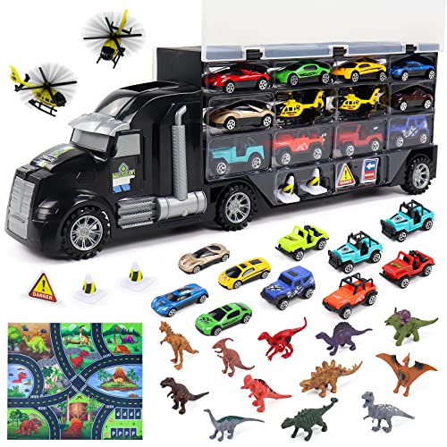 Coches de Dinosaurios Juguetes-Camión de Transporte Camion con Coches Niños Puzzle Dinosaurios Educativos Juguetes Niños 3 4 5 6 Años (32 Pieza)