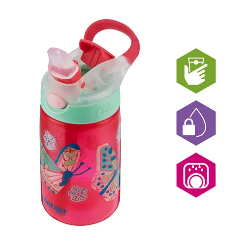 Contigo Gizmo Flip Botella Infantil Boquilla Autospout con Pajita, Libre de BPA, Sistema antiderrame, optimo para guardería, Escuela y Deportes, Unisex-Youth, Rojo (Butterfly Sprinkles), 420ml