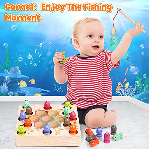 COOJOMMY Juego de Pesca Magnético Madera, Juguete 2 en 1, Juguete de Pesca para Niños, Regalo para Educación Temprana, Juguetes Niños Mayores de 3 años