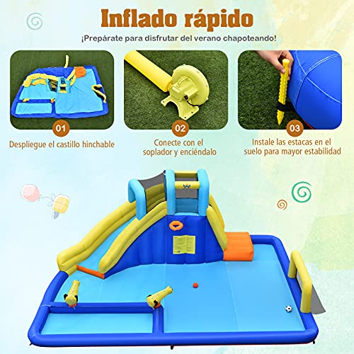 COSTWAY Casa Inflable Acuática, Castillo Inflable 6 en 1 con Rociador de Agua y Tobogán, Parque Acuático Inflable y Duradero para Uso Seco y Mojado, Bolsa de Rransporte