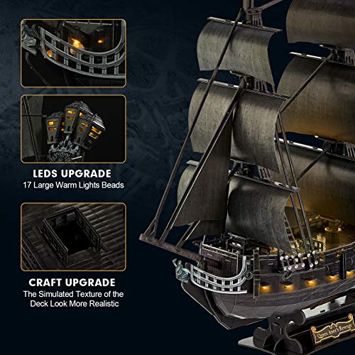 CubicFun Puzzle 3D LED Venganza de la Reina Ana Maquetas para Construir Adultos, Grande Maquetas de Barcos Pirata con Detalles Interiores, Recuerdo Regalo para Niños y Adultos, 293 Piezas