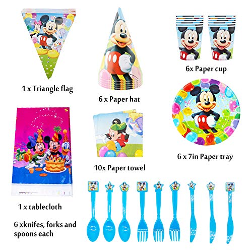 CYSJ 48PCS Set de Fiesta de cumpleaños de Mickey Disney Mickey Mouse Party Decoration Set para 6 Invitados Platos Tazas Servilletas Pack de Fiesta Mickey Mantel Sirve
