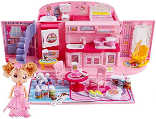 deAO Bolso de Mano con Casita de Muñecas Incorporada Conjunto 2en1 Portátil Diseño con Cerradura y Asa, Casa Incluye Muñeca y Muebles a Medida
