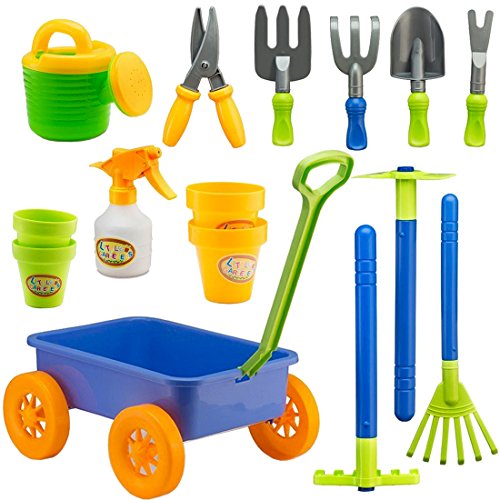 deAO Carretilla y Herramientas de Jardín para Niños y Niñas Juego de Botánica y Jardinería Infantil Conjunto Incluye 10 Accesorios y 4 Macetas