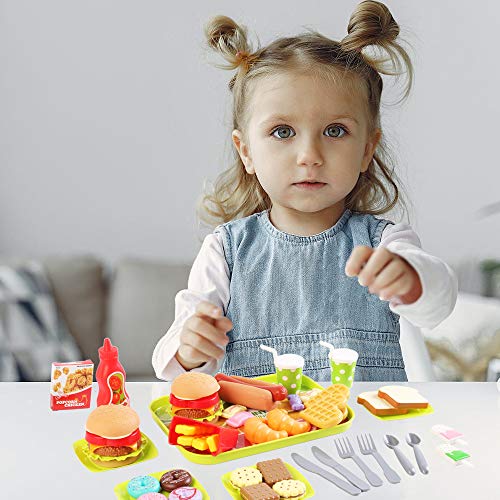 deAO Juego de Comida Rápida Hamburguesería y Tienda de Dulces Conjunto Infantil de Imitación Incluye 25 Piezas y Caja de Almacenaje, Accesorios para Cocina de Juguete Actividad Educativa