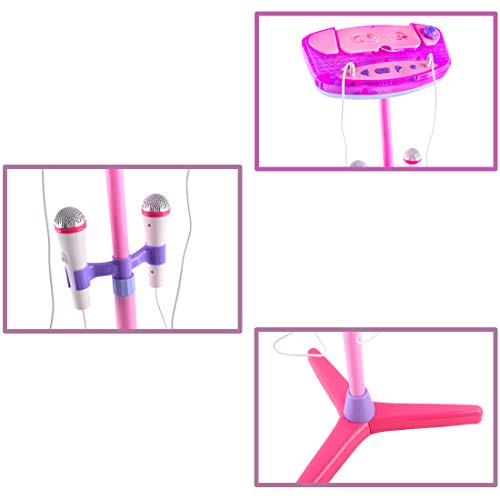 deAO Karaoke Infantil Dúo Conjunto Musical de 2 Micrófonos con Soporte de Pie, Amplificador, Puerto Externo y Luces LED (Rosa)