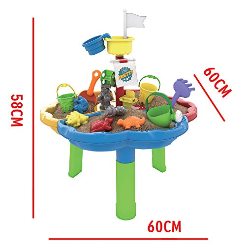deAO Mesa de Agua y Arena Mesita Infantil para Juegos y Actividades Infantiles al Exterior Incluye Accesorios y Moldes con Diseño Multicolor