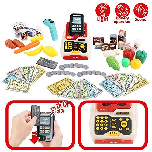 deAO Supermercado Tienda de Juguete Puesto de Mercado Infantil con Carrito de la Compra, Scanner, Caja Registradora y más de 20 Accesorios de Imitación Incluidos (Rojo)
