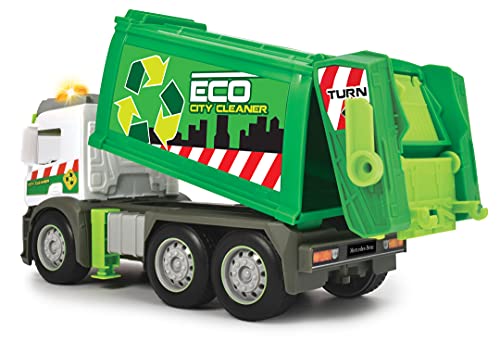 Dickie Toys- Camión de Basura de Juguete 26cm Marca Mercedes, Con Luz y Sonido, Fricción, Incluye Contenedor, Adecuado a Partir de 3 Años, Color (203745014)