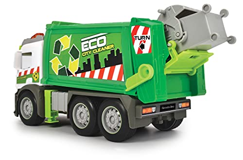Dickie Toys- Camión de Basura de Juguete 26cm Marca Mercedes, Con Luz y Sonido, Fricción, Incluye Contenedor, Adecuado a Partir de 3 Años, Color (203745014)
