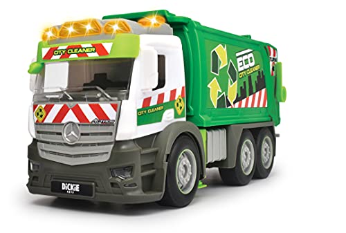 Dickie Toys- Camión de Basura de Juguete 26cm Marca Mercedes, Con Luz y Sonido, Fricción, Incluye Contenedor, Adecuado a Partir de 3 Años, Color (203745014)