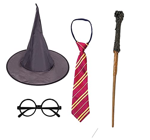 Disfraz Harry Potter Halloween, Gafas de Mago de Plástico, Varita, Corbata y Sombrero Negro de Bruja para Decoración Halloween, 4 Pcs (Modelo A)