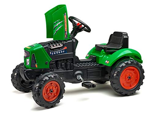 Falk- Tracteur à pédales Supercharger Rouge Avec Capot ouvrant et remorque Tractores, Color Verde (2031AB)