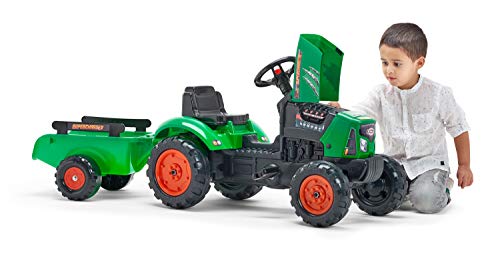 Falk- Tracteur à pédales Supercharger Rouge Avec Capot ouvrant et remorque Tractores, Color Verde (2031AB)